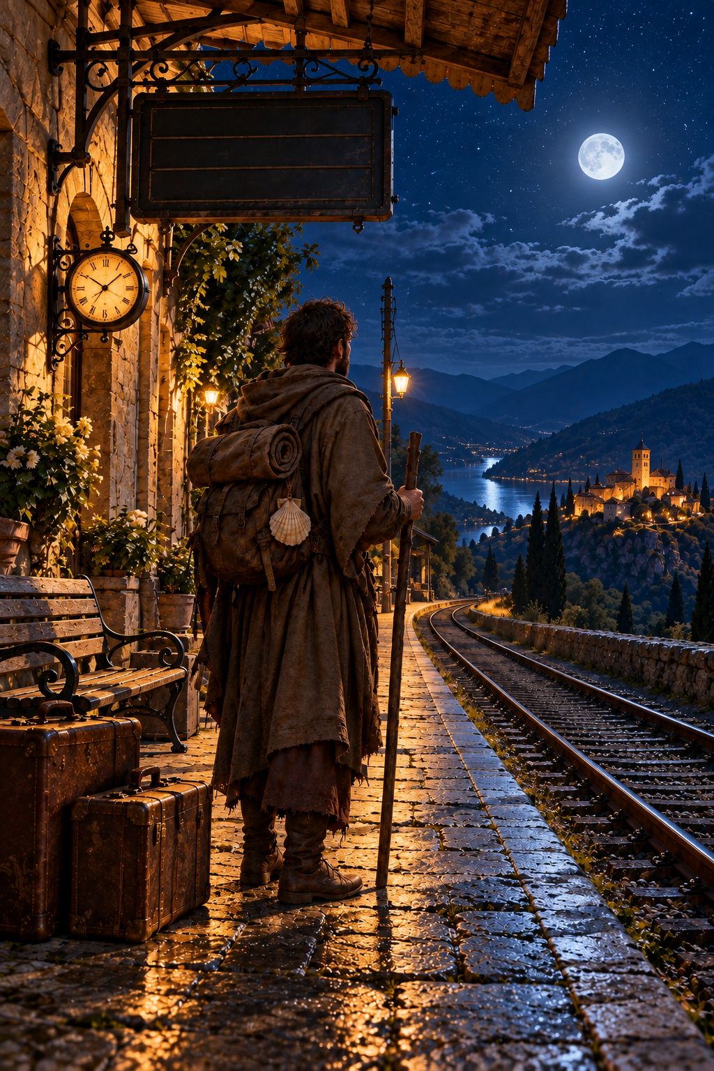 The pilgrim on an old railway platform at night, suitcases by a bench, a station clock and a blank departure board