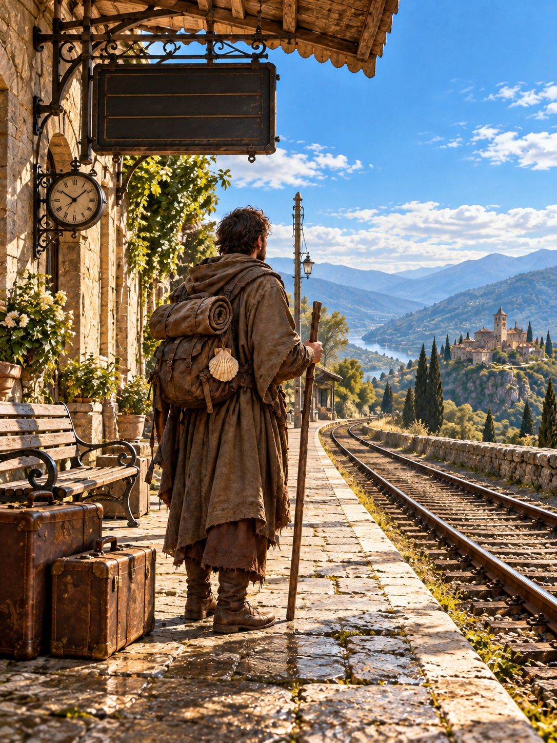 The pilgrim on the railway platform in daylight